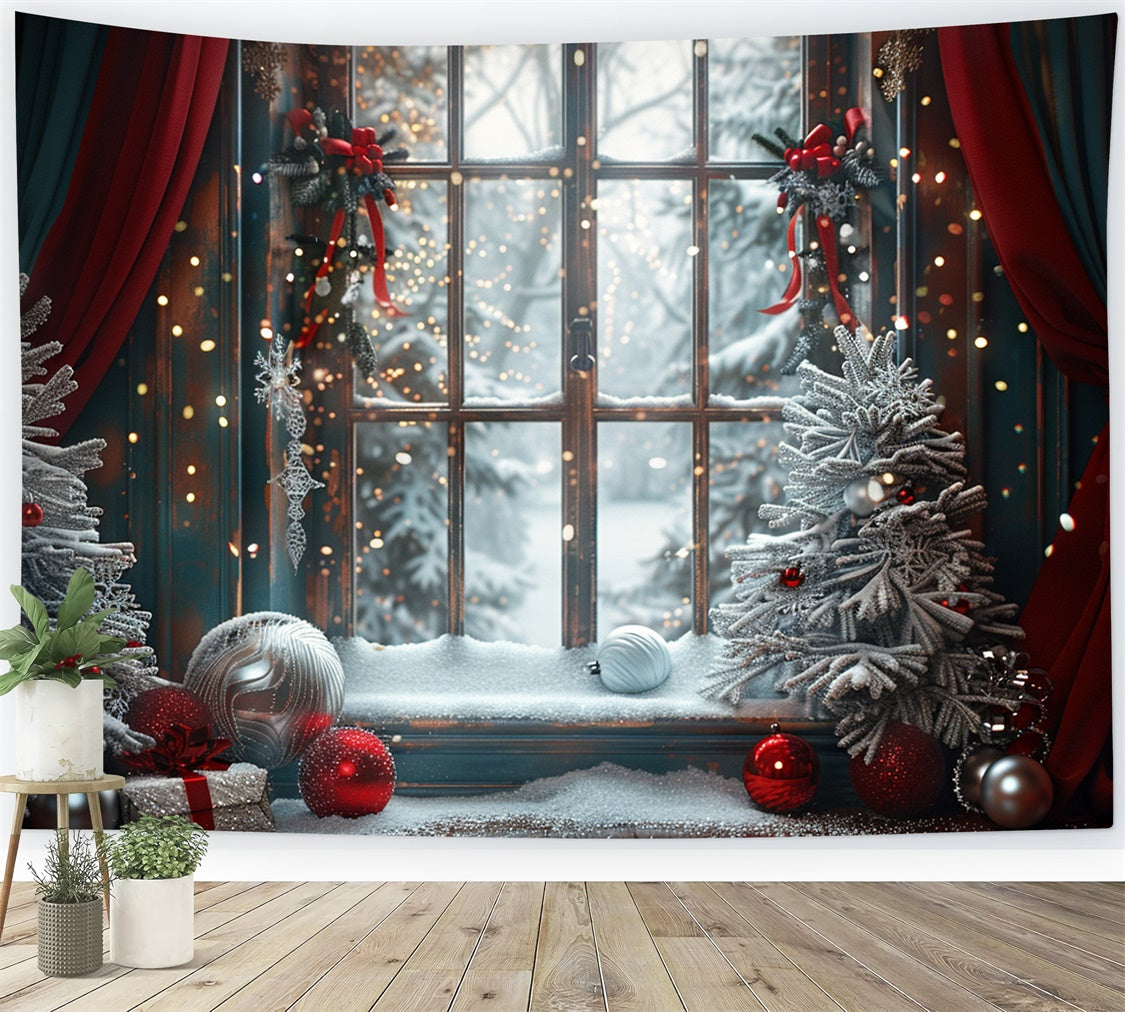 Red and Green Decor Frosty Window Christmas Backdrop BRP9-121