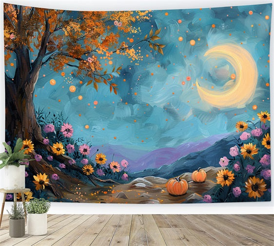 Moonlit Autumn Tree Starry Sky Flowers Backdrop BRP9-131