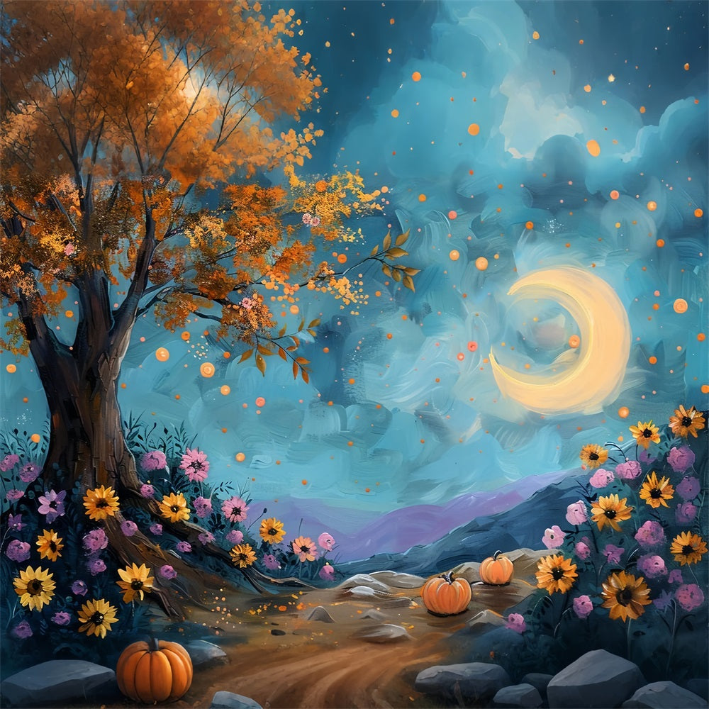 Moonlit Autumn Tree Starry Sky Flowers Backdrop BRP9-131