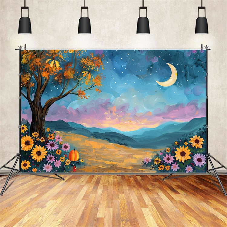 Autumn Tree Moonlit Sky Flowers Backdrop BRP9-132