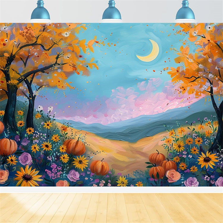 Moonlight Fall Field Pumpkins Flowers Backdrop BRP9-133