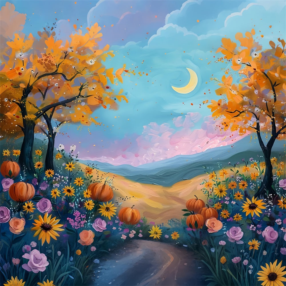 Moonlight Fall Field Pumpkins Flowers Backdrop BRP9-133