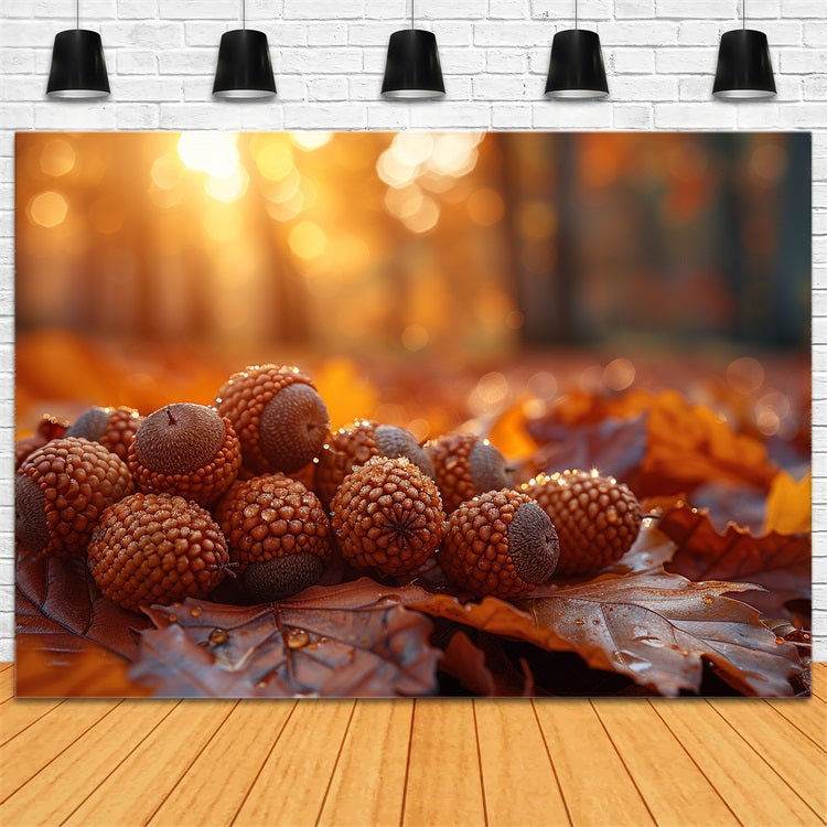 Dewy Acorns Resting Autumn Leaves Backdrop BRP9-138