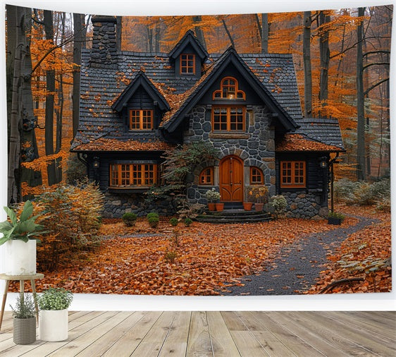 Fall Leaves Covering Quaint Forest Cottage Backdrop BRP9-143