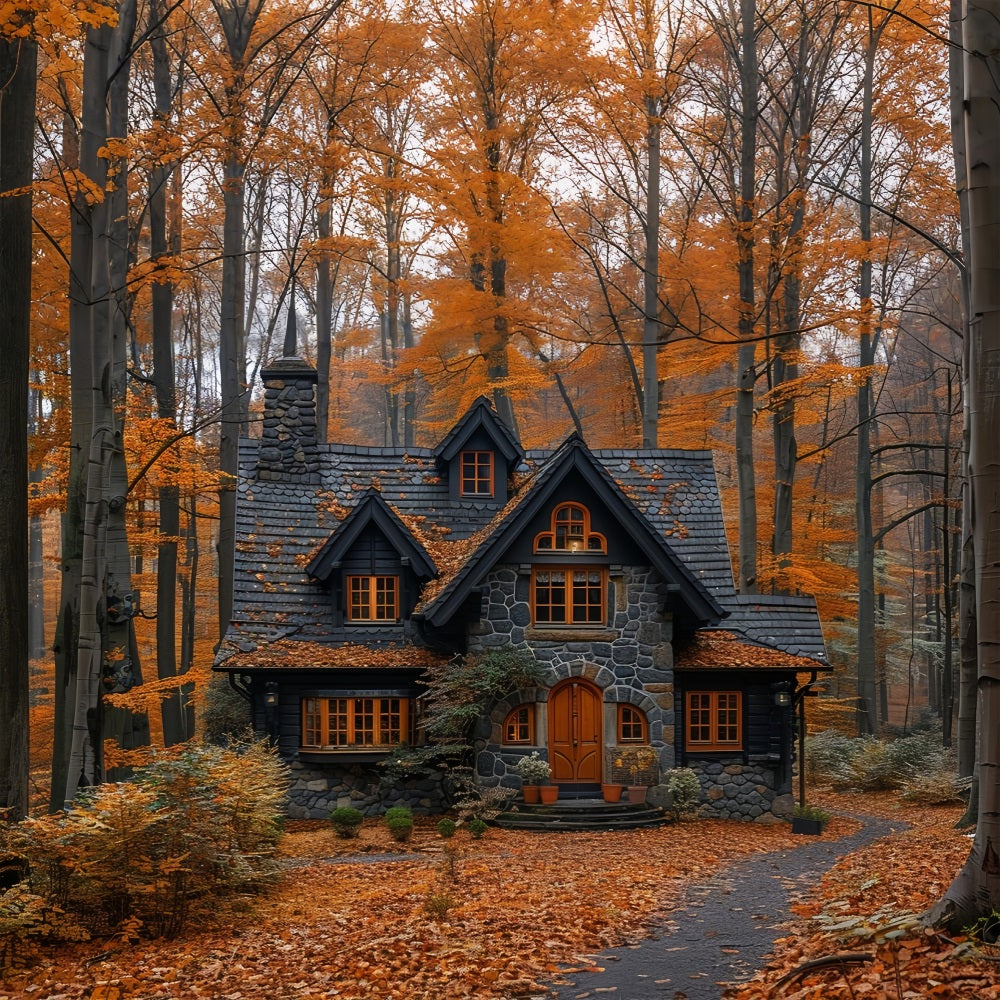 Fall Leaves Covering Quaint Forest Cottage Backdrop BRP9-143