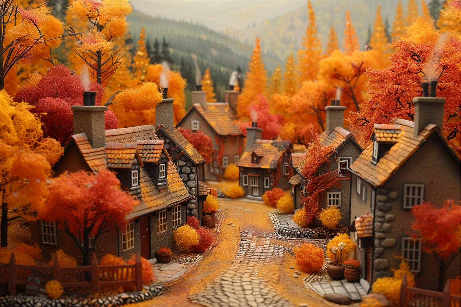 Autumn Dream Village Orange Red Trees Backdrop BRP9-150
