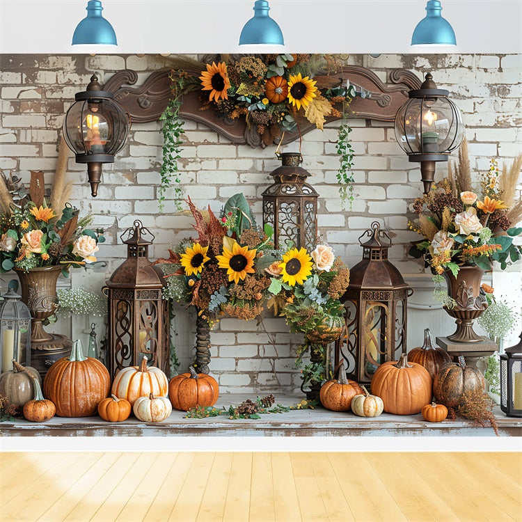Vintage Lanterns Pumpkins Fall Mantel Backdrop BRP9-157