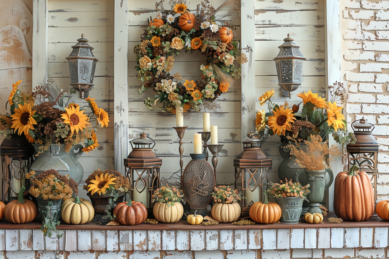 Fall Harvest Pumpkin Wreath Sunflowers Backdrop BRP9-158