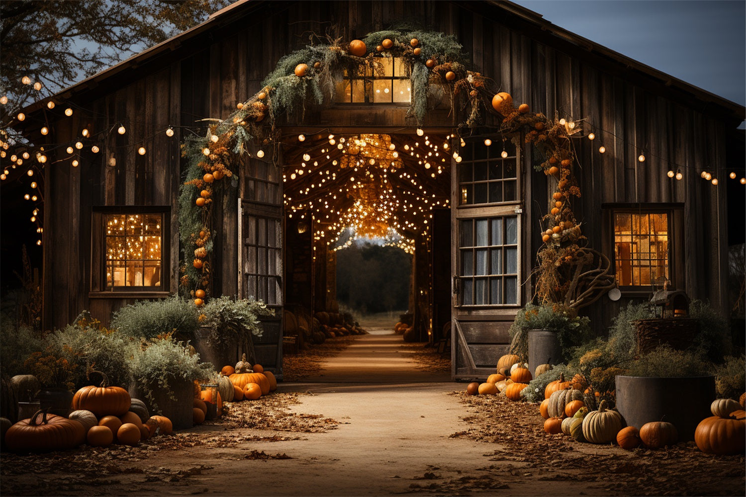 Glowing Barn Entrance Fall Pumpkins Backdrop BRP9-192