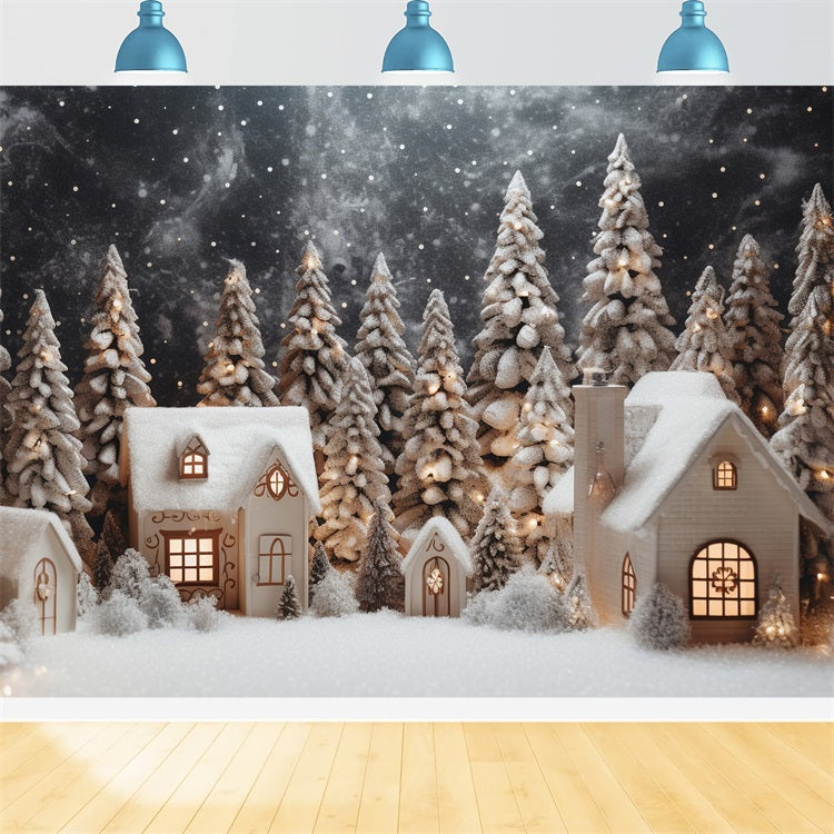 Magical Winter Village Snowy Pines Houses Backdrop BRP9-272
