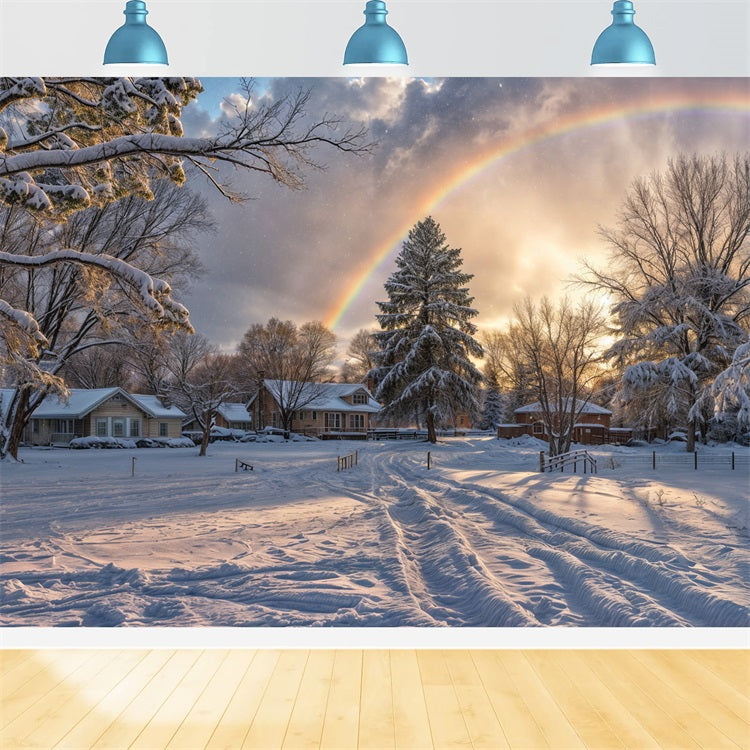 Snowy Horizon Rainbow Over Frosty Trees Backdrop BRP9-327
