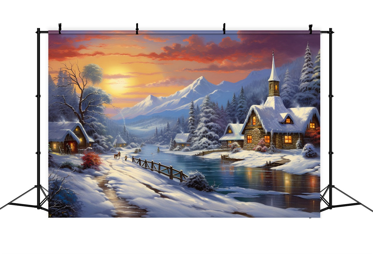 Winter Sunset Over Snowy Mountain Village Backdrop BRP9-362