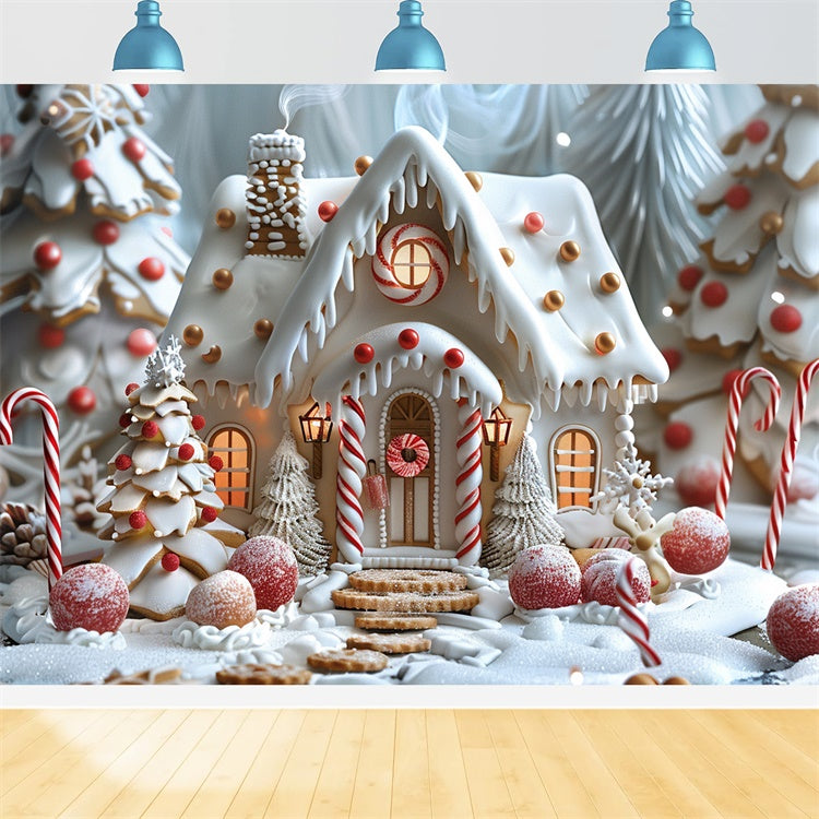 Frosted Gingerbread Cottage Christmas Trees Backdrop BRP9-91