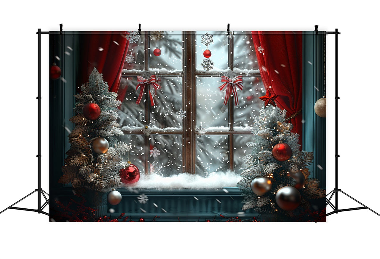 Frosty Christmas Window with Red Ornaments Backdrop BRP9-93