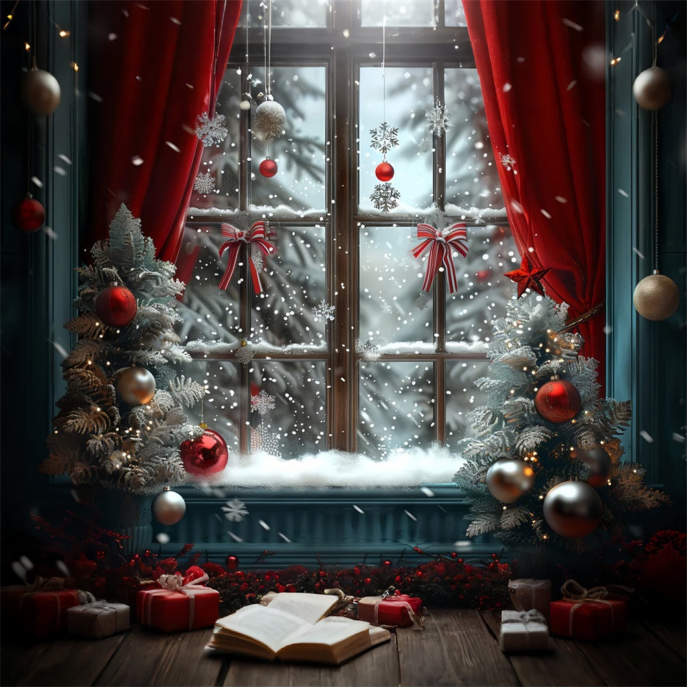 Frosty Christmas Window with Red Ornaments Backdrop BRP9-93