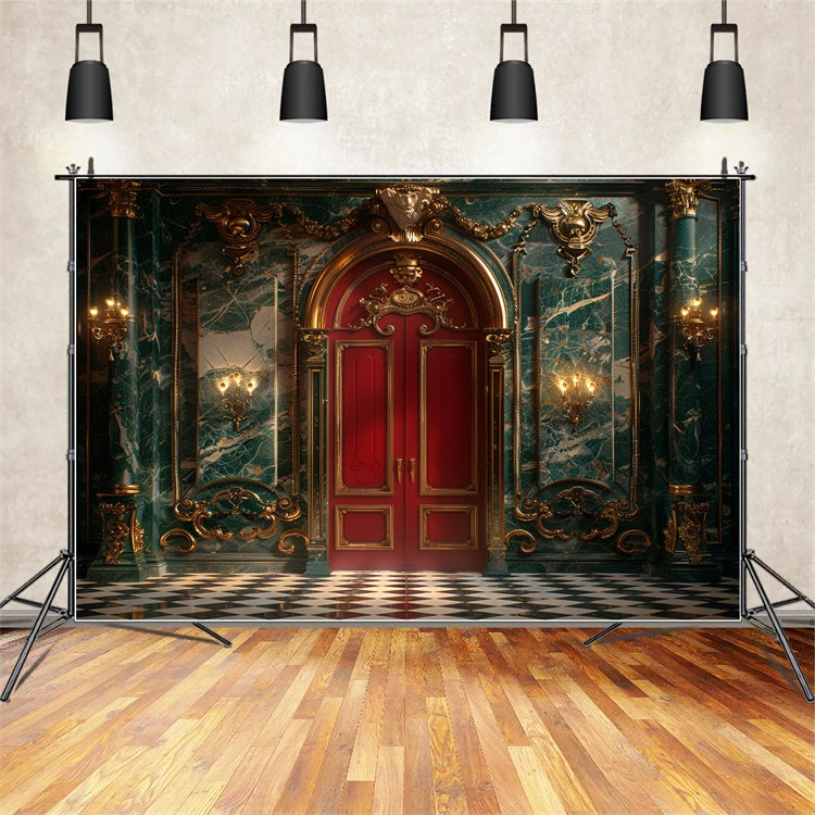Opulent Christmas Green Marble Red Door Backdrop BRP9-98