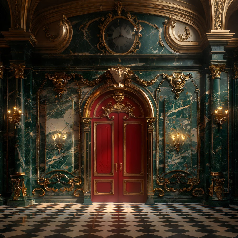 Opulent Christmas Green Marble Red Door Backdrop BRP9-98