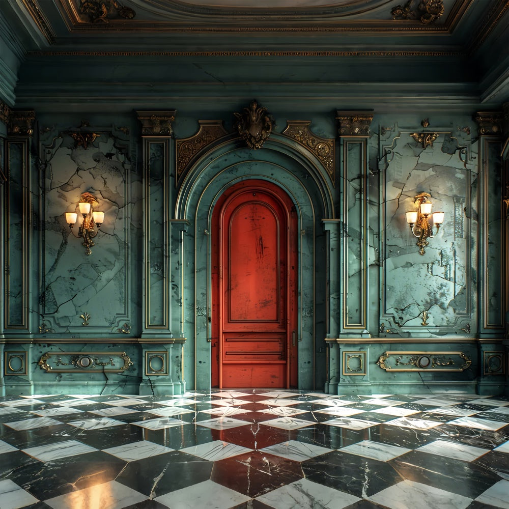 Antique Red Door Marble Hall Christmas Backdrop BRP9-99