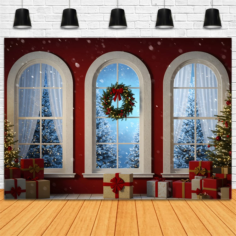 Christmas Backdrop For Photos Red Wall Arched Window Backdrop By Magali