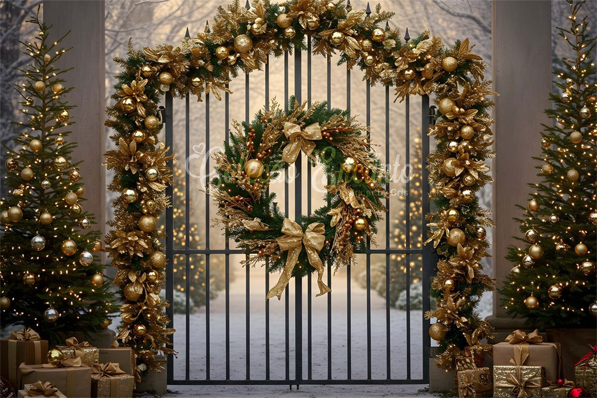 Christmas Tree Backdrop Golden Wreath Gate Decor Backdrop By Magali