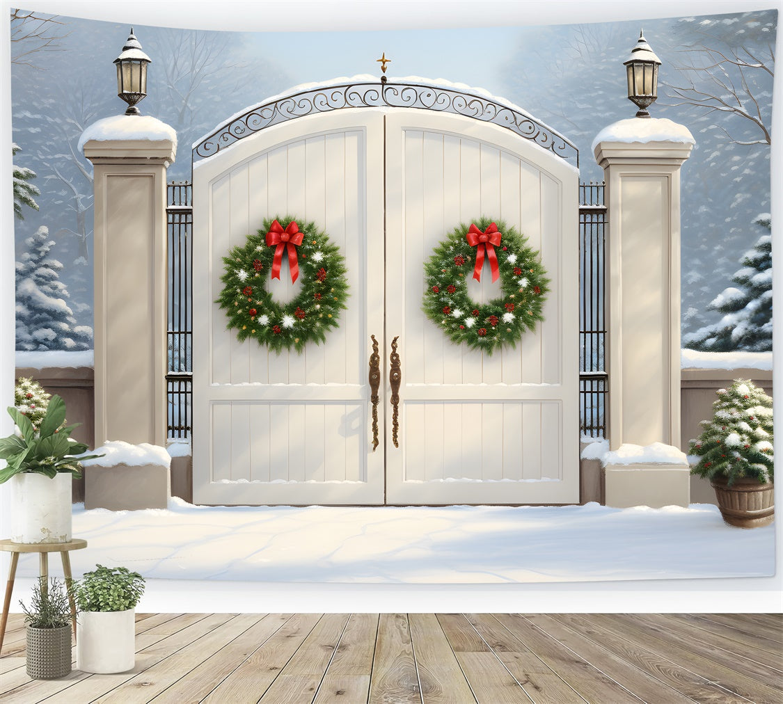 Christmas Photo Backdrop Wreath White Gate Backdrop By Magali