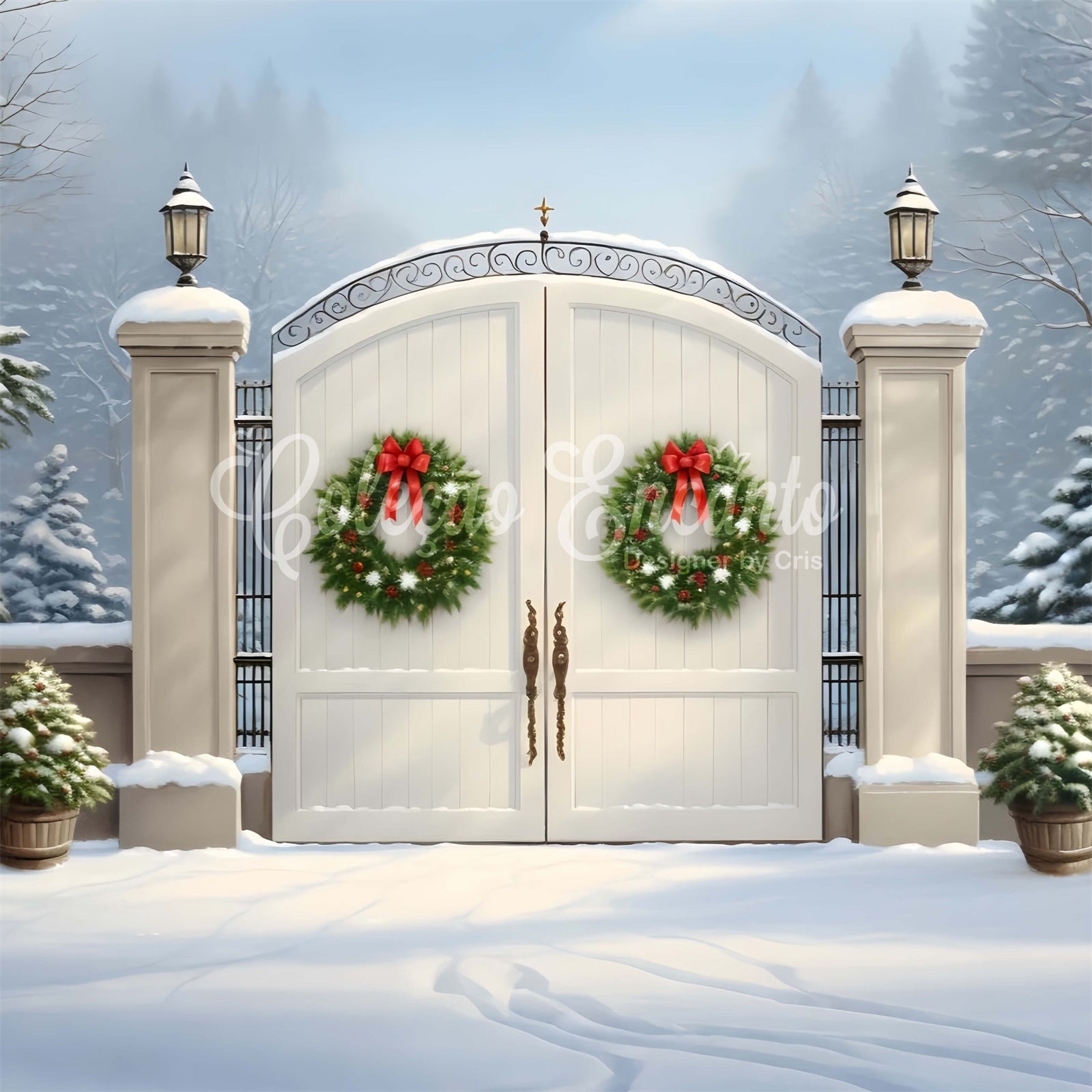 Christmas Photo Backdrop Wreath White Gate Backdrop By Magali