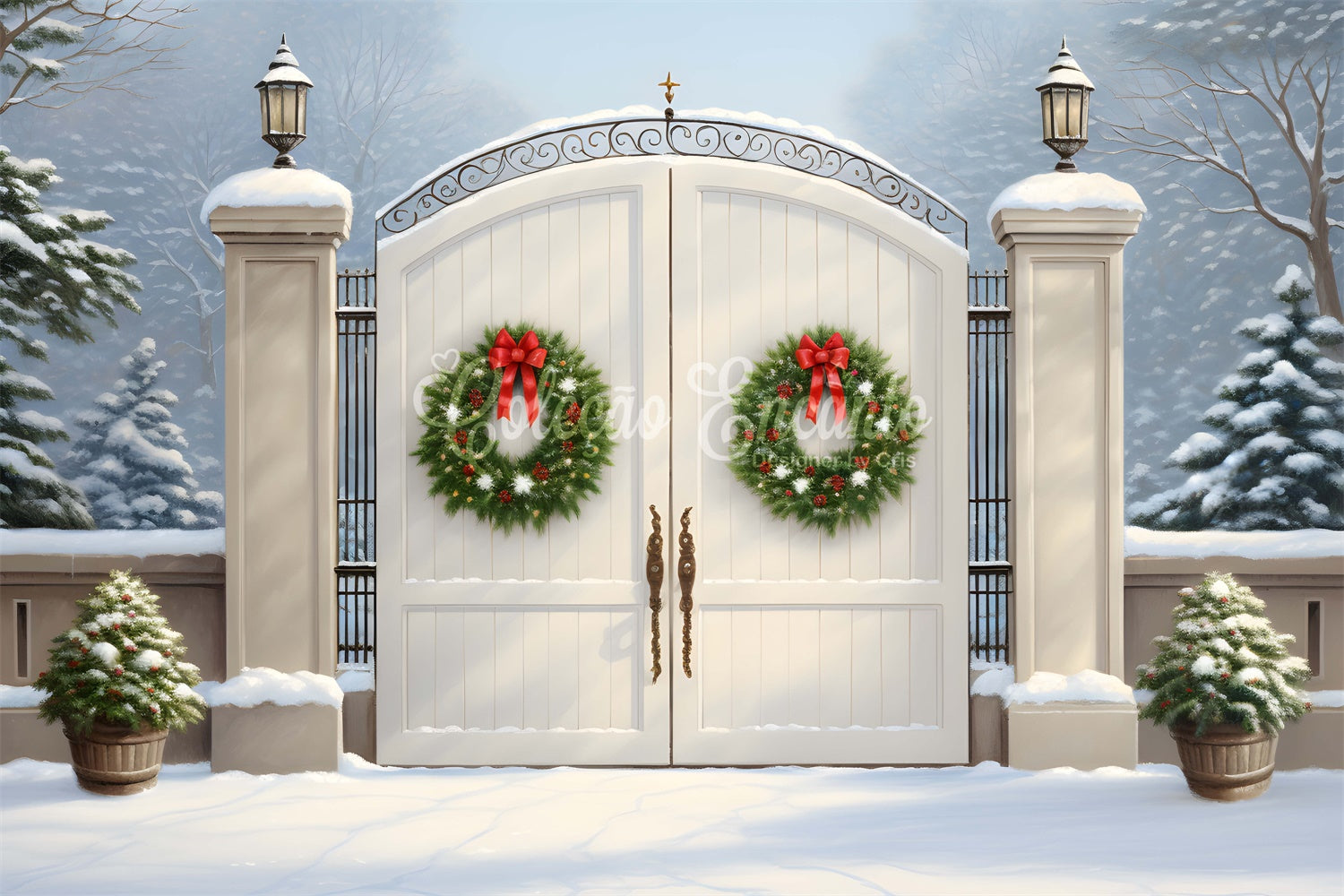 Christmas Photo Backdrop Wreath White Gate Backdrop By Magali