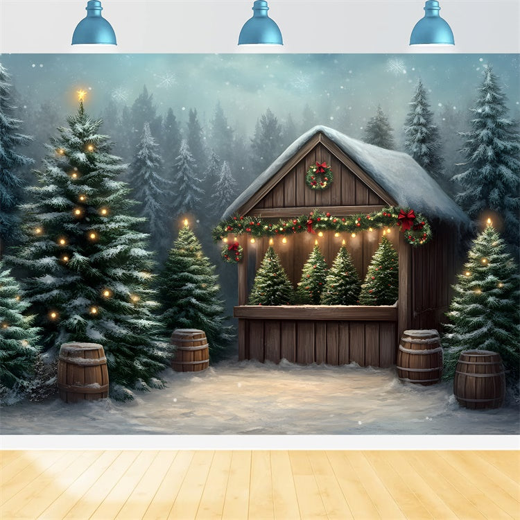 Christmas Photo Backdrop Frosted Trees Wooden House Backdrop By Magali