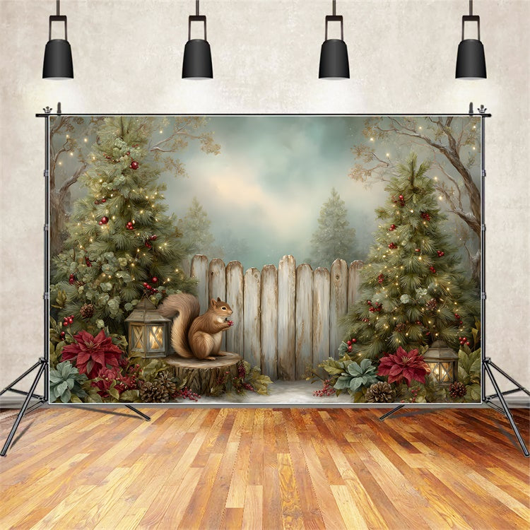 Christmas Photography Backdrops Squirrel Pine Tree Fence Backdrop By Magali