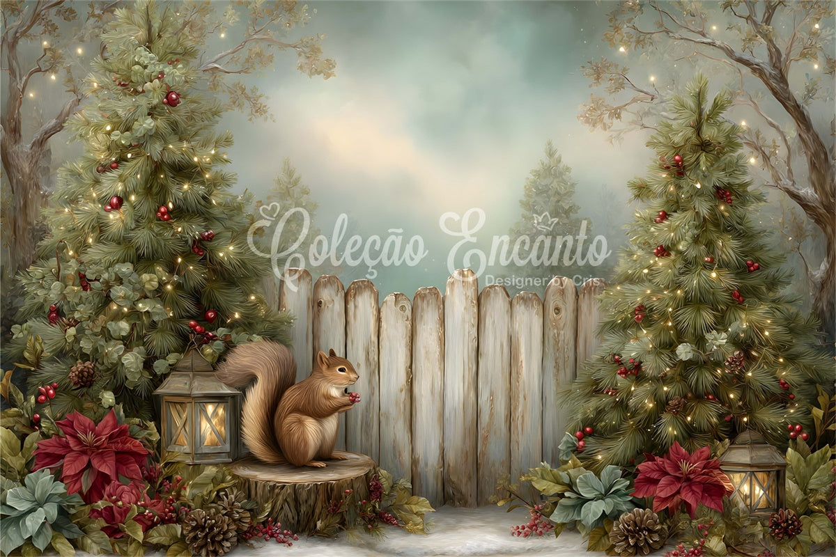 Christmas Photography Backdrops Squirrel Pine Tree Fence Backdrop By Magali