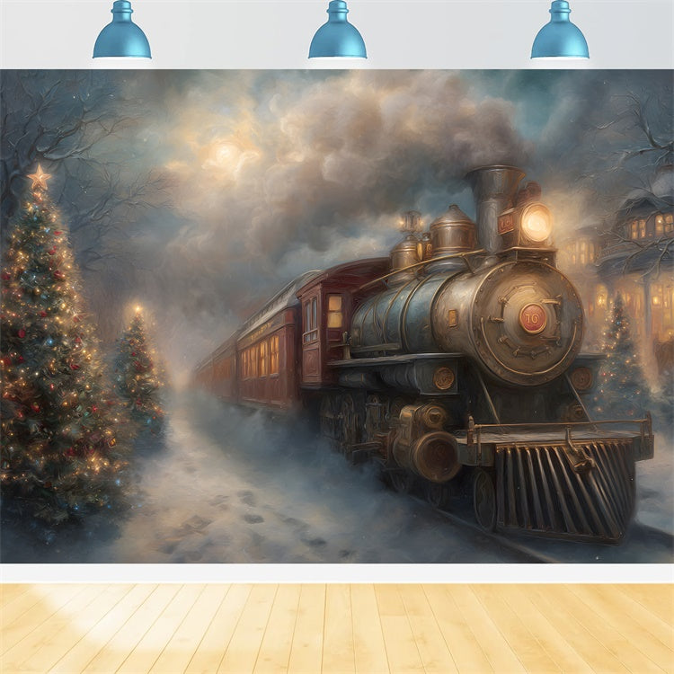 Christmas Photo Backdrop Vintage Train Winter Night Backdrop By Magali