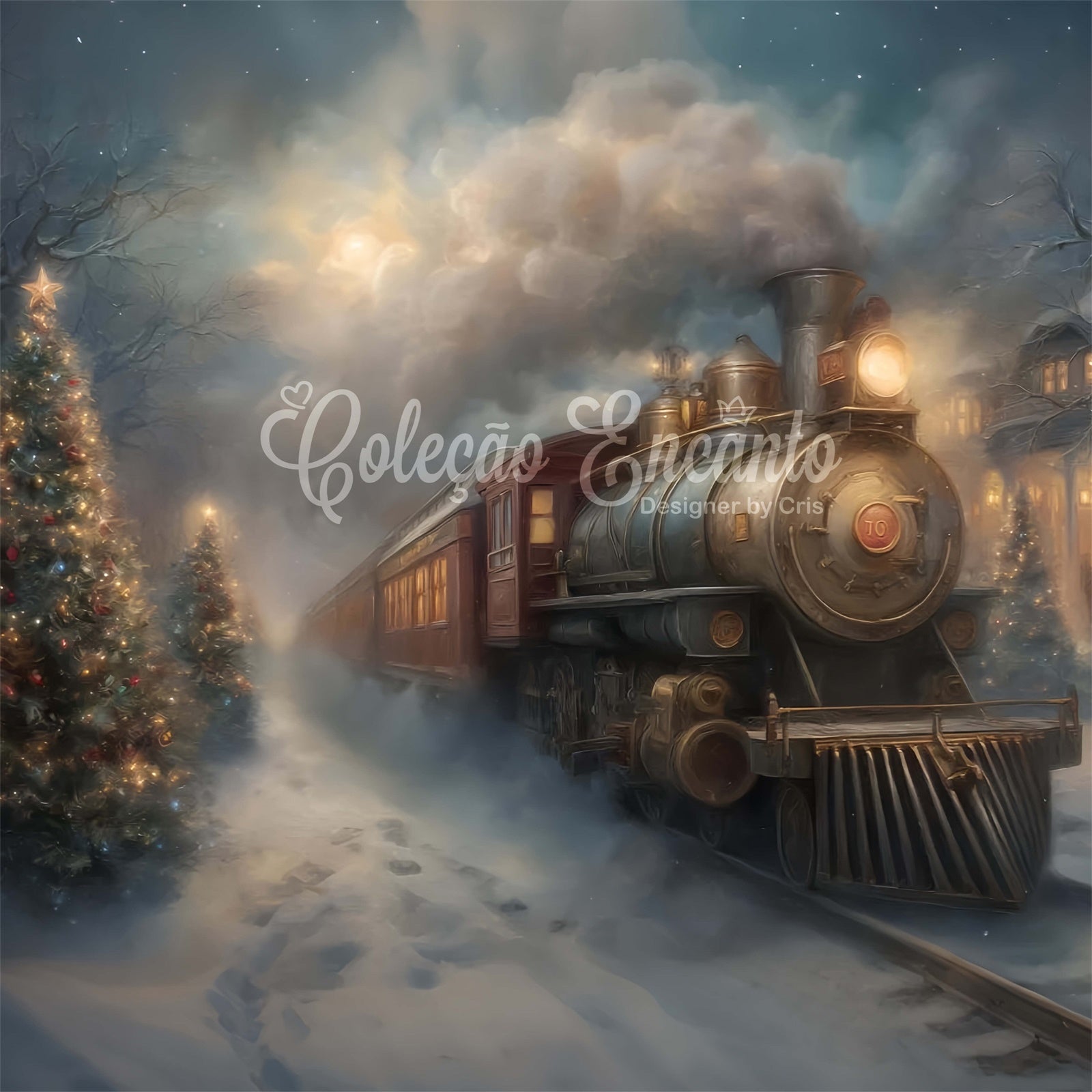 Christmas Photo Backdrop Vintage Train Winter Night Backdrop By Magali