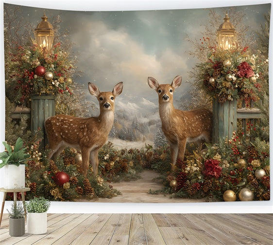 Christmas Backdrop Holiday Reindeer Forest Lantern Backdrop By Magali