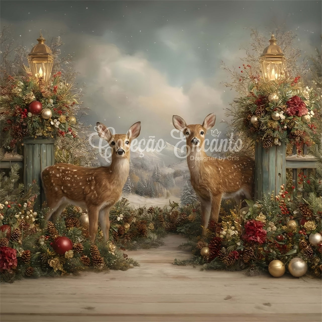 Christmas Backdrop Holiday Reindeer Forest Lantern Backdrop By Magali
