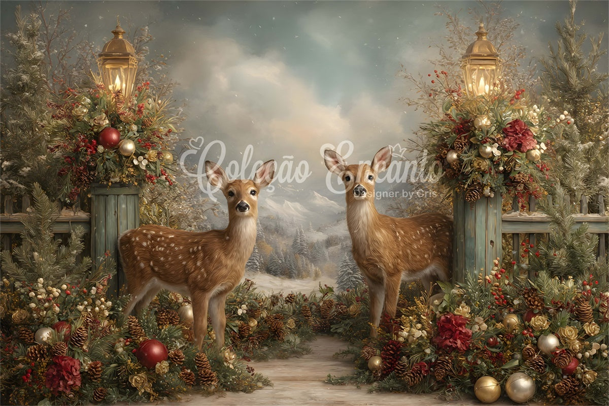 Christmas Backdrop Holiday Reindeer Forest Lantern Backdrop By Magali