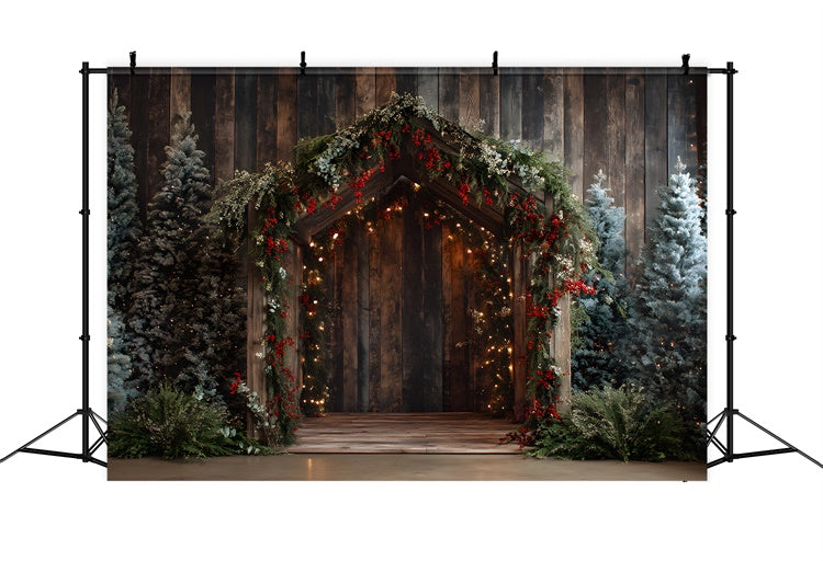 Christmas Backdrops Wooden Doorway Pine Garland Backdrop By Magali