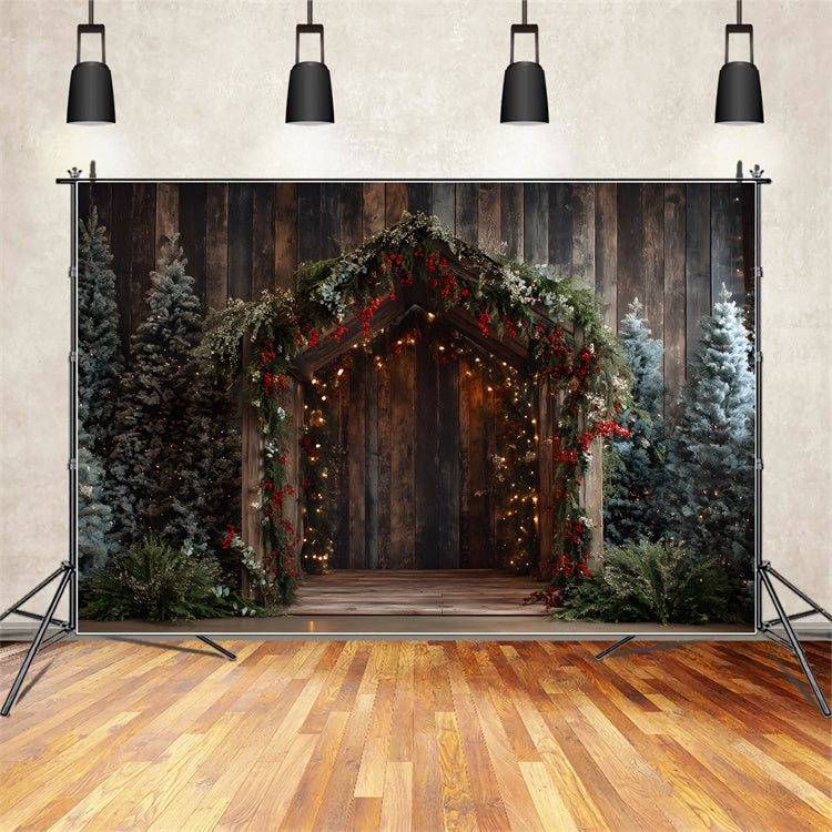 Christmas Backdrops Wooden Doorway Pine Garland Backdrop By Magali