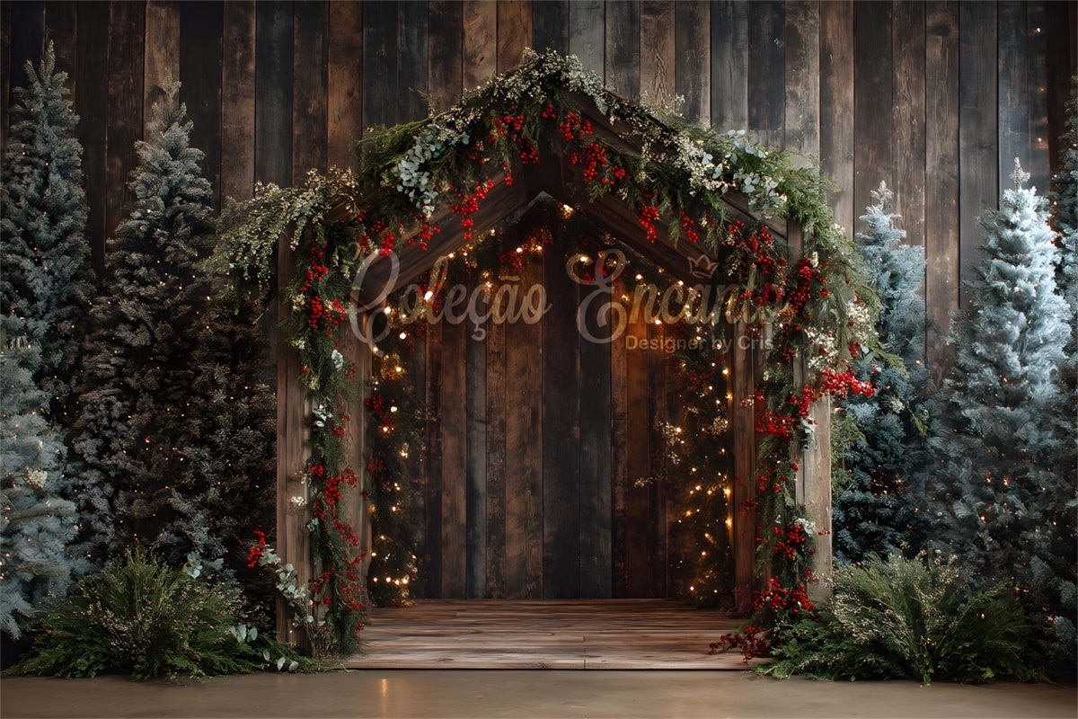 Christmas Backdrops Wooden Doorway Pine Garland Backdrop By Magali
