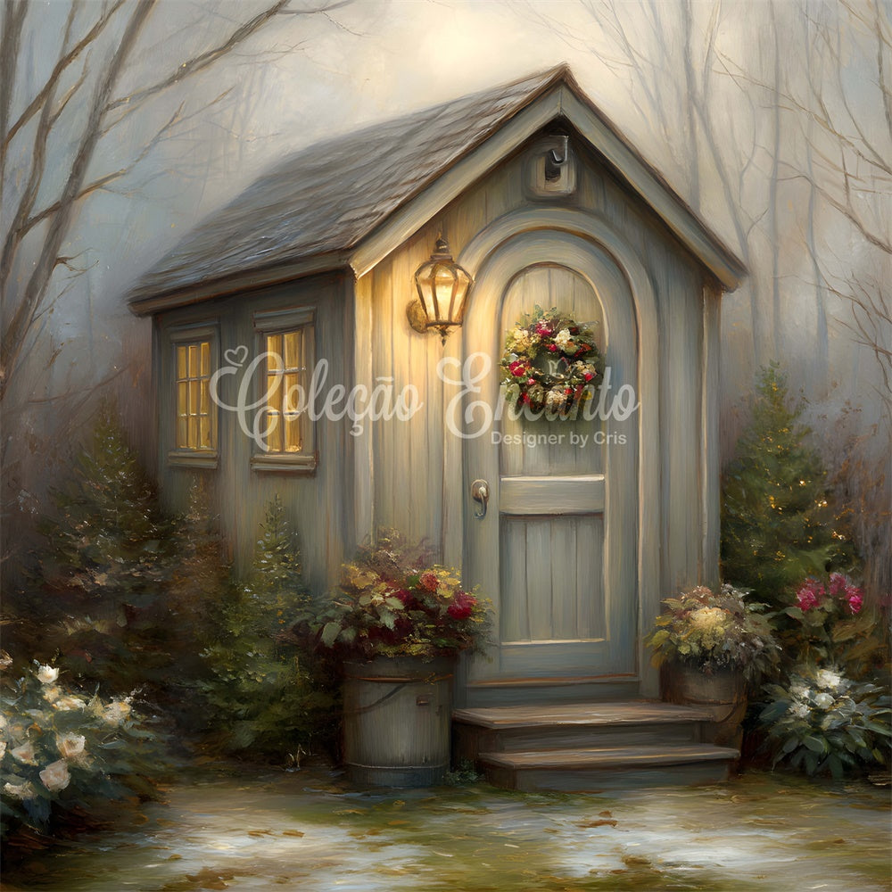 Christmas Backdrop Winter Cottage Wreath Forest Backdrop By Magali