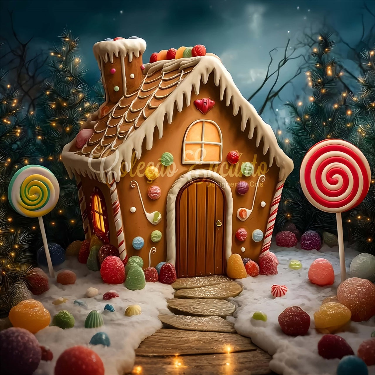 Christmas Photo Backdrop Candy Cottage Tree Lights Backdrop By Magali
