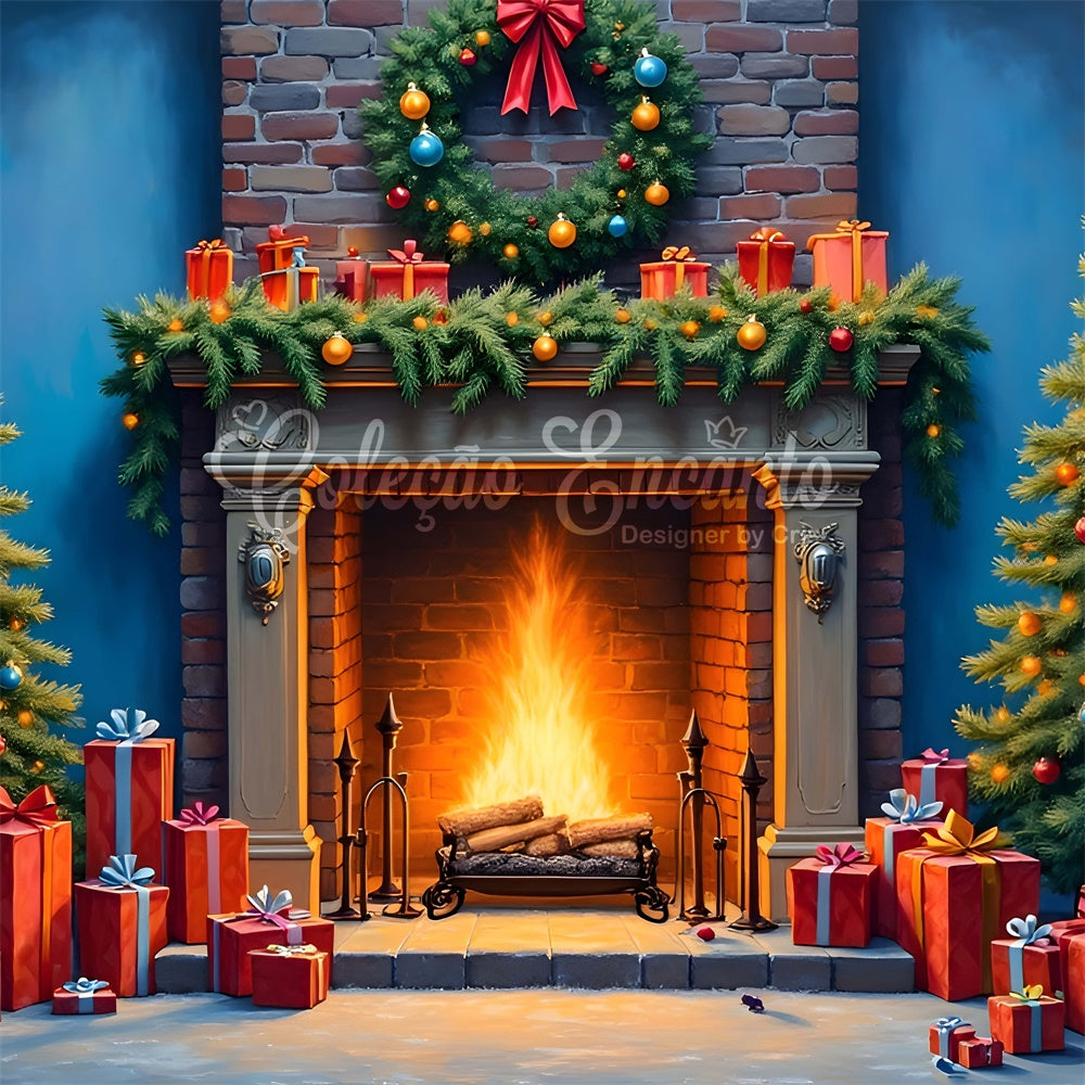 Christmas Fireplace Backdrop Fireplace Garland Tree Backdrop By Magali
