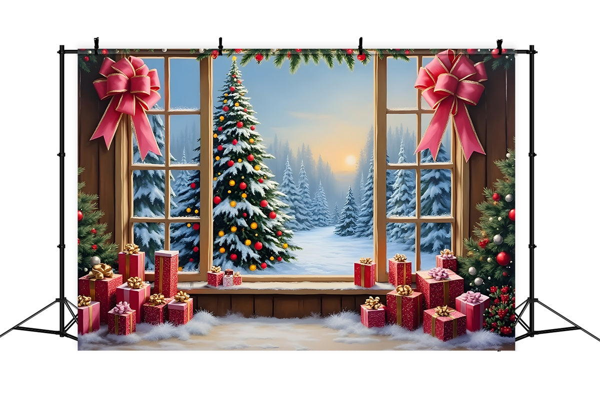 Christmas Photography Backdrops Window Snow Forest Gifts Backdrop By Magali