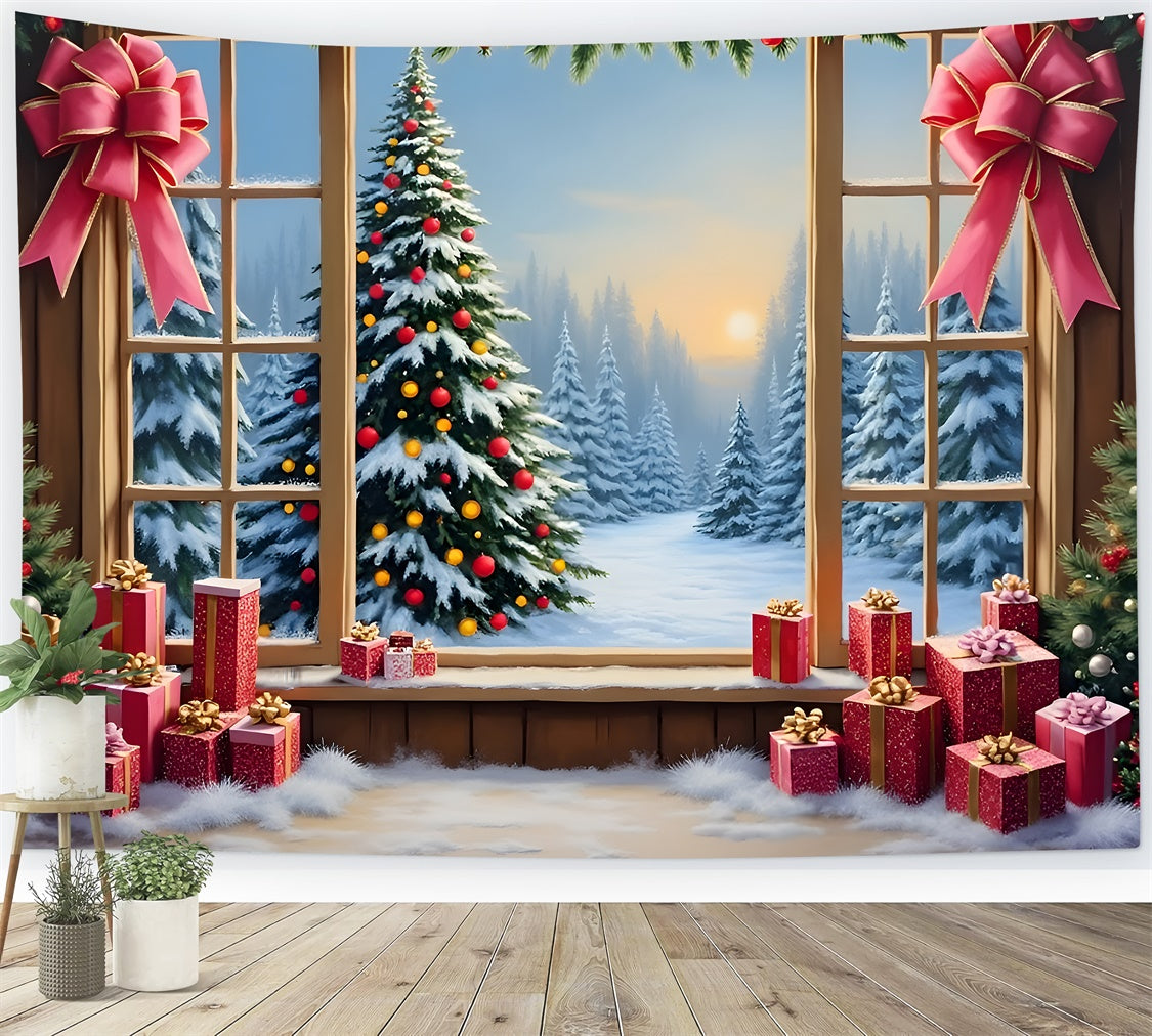 Christmas Photography Backdrops Window Snow Forest Gifts Backdrop By Magali