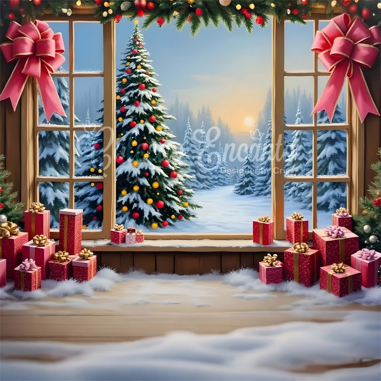 Christmas Photography Backdrops Window Snow Forest Gifts Backdrop By Magali
