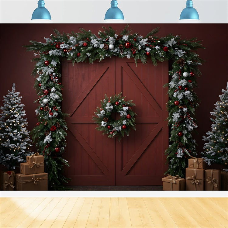Christmas Backdrop For Photos Rustic Red Door Wreath Backdrop By Magali