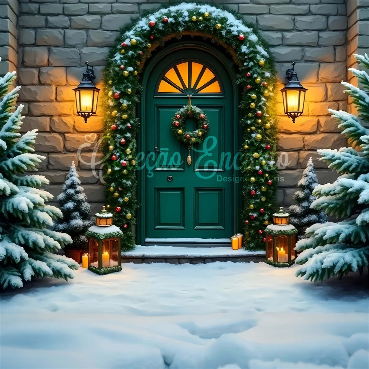 Xmas Backdrops Stone Wall Wreath Green Door Backdrop By Magali