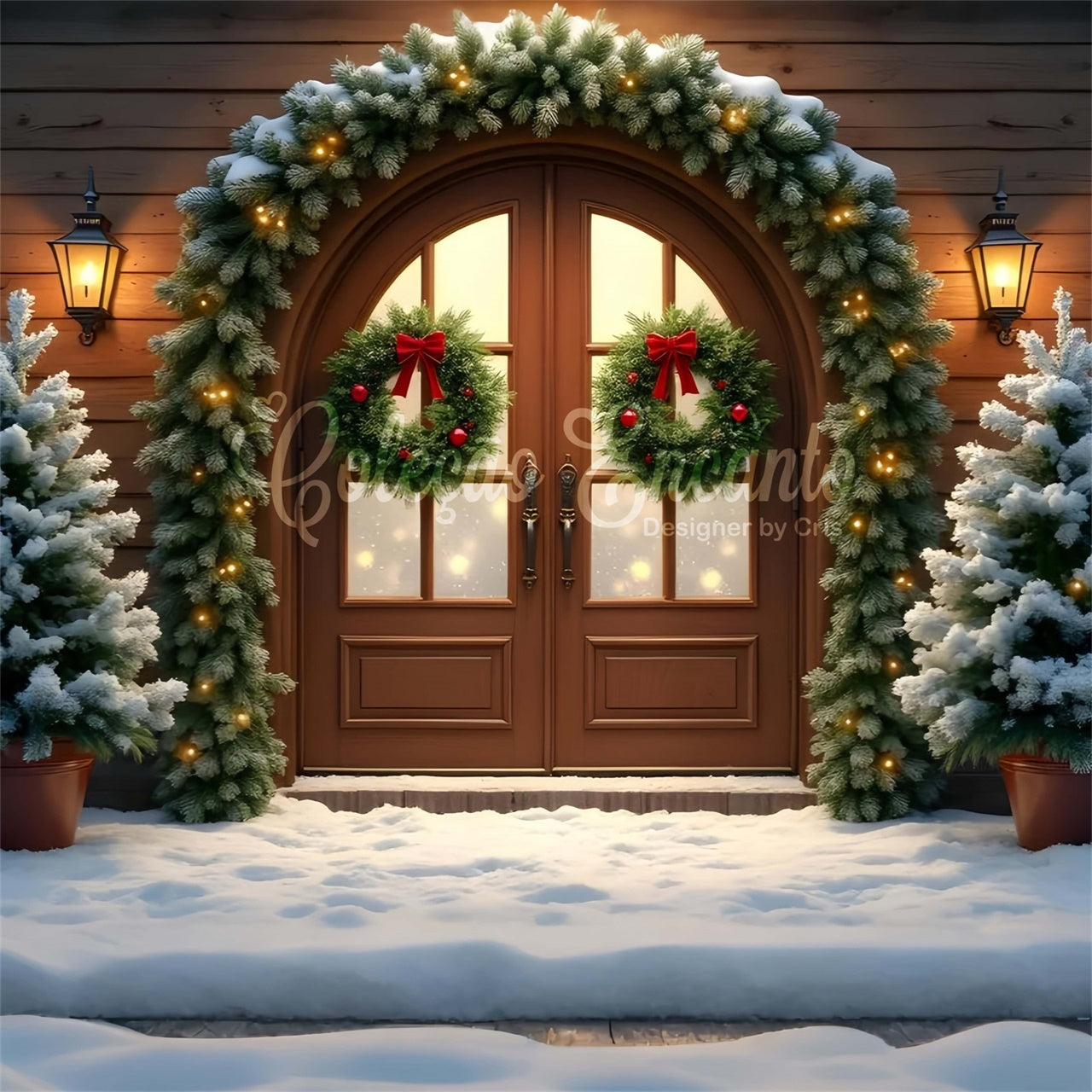 Xmas Backdrop Wooden Door Garland Tree Backdrop By Magali