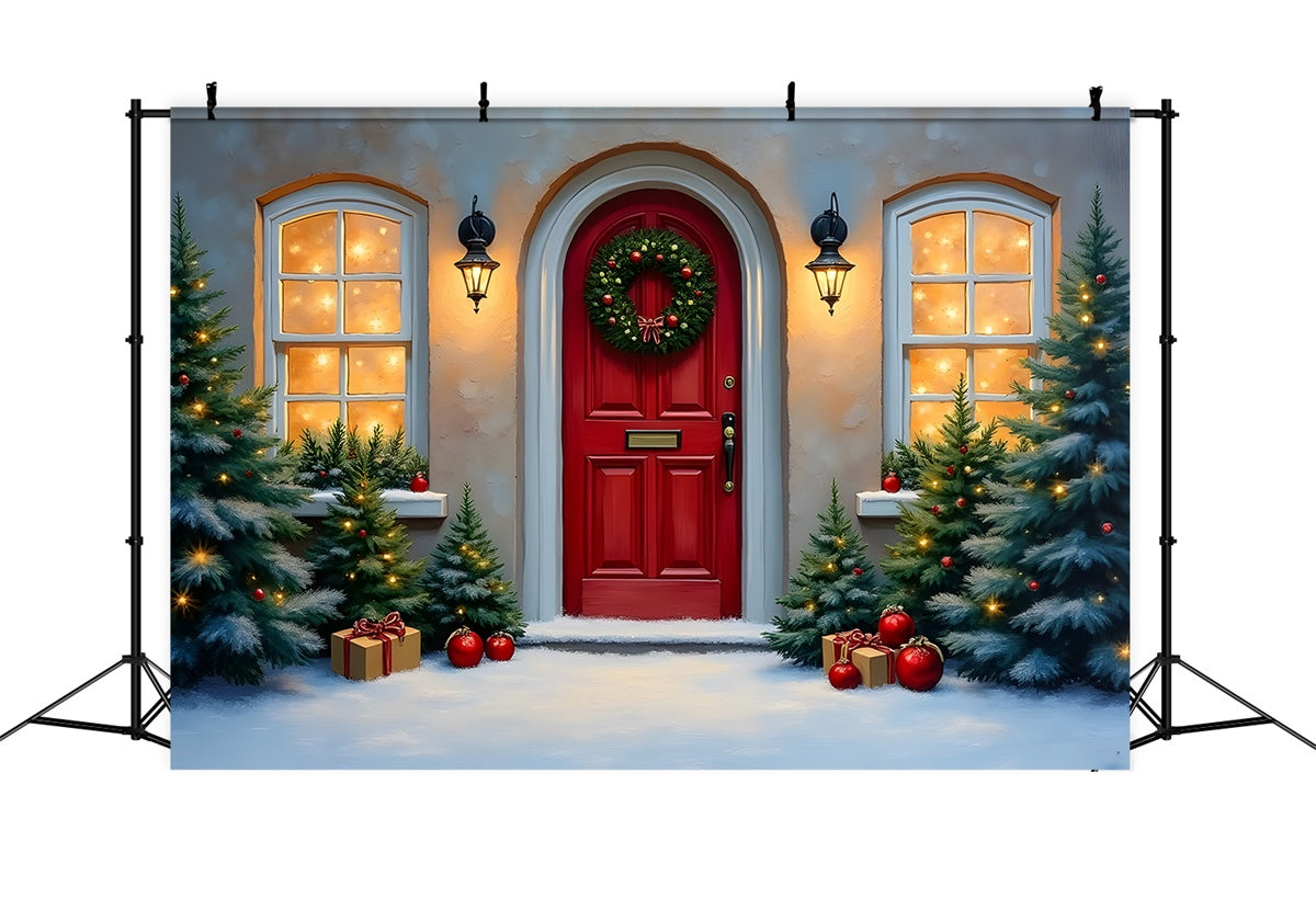 Christmas Backdrop Red Door Winter Pine Backdrop By Magali
