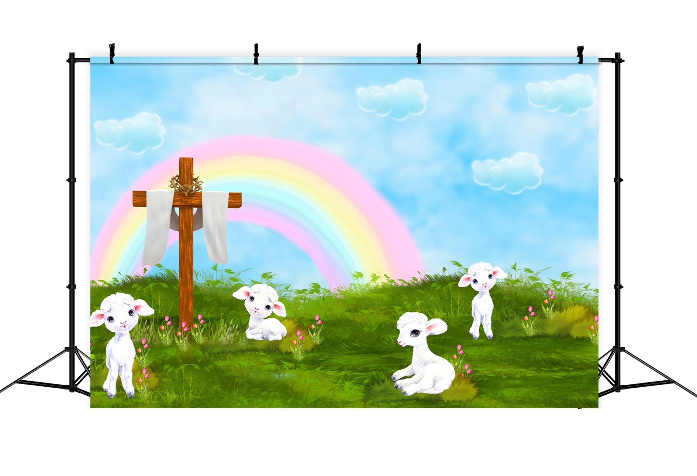 Kids Photography Backdrops Rainbow Cross Lamb Meadow Blessings Rainbow Backdrop By Magali