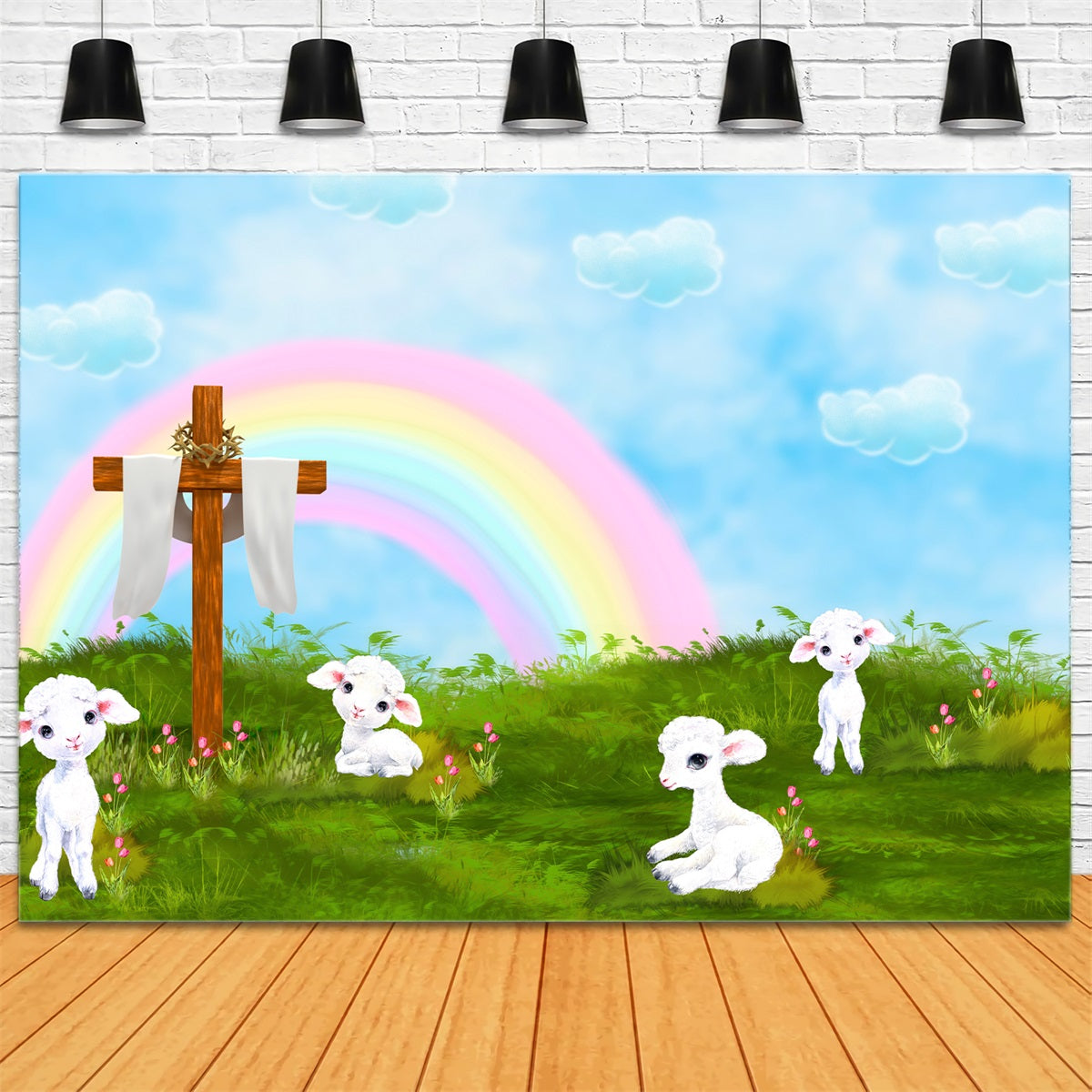Kids Photography Backdrops Rainbow Cross Lamb Meadow Blessings Rainbow Backdrop By Magali